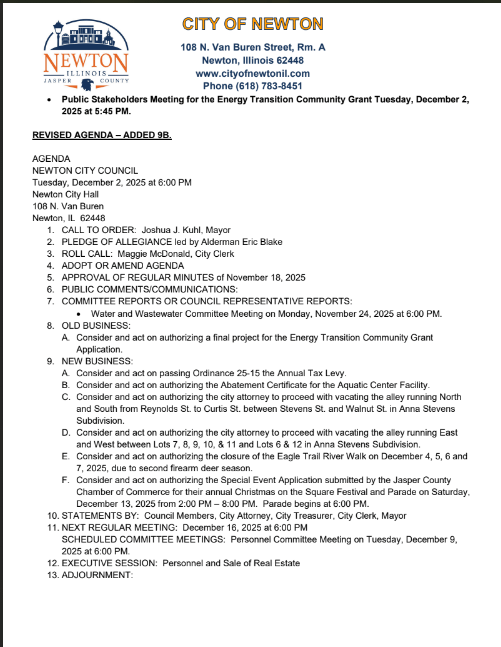 City Council Agenda for Newton December 2nd – Jasper County Daily News