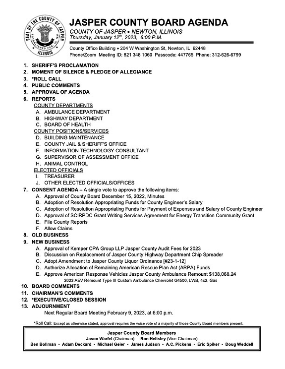 Jasper County Board Agenda for January 2023 – Jasper County Daily News