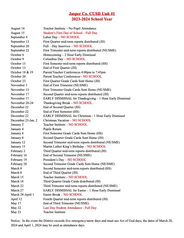 2023-24 School Registration Information for JCCU1 Including School Calendar – Jasper County Daily News