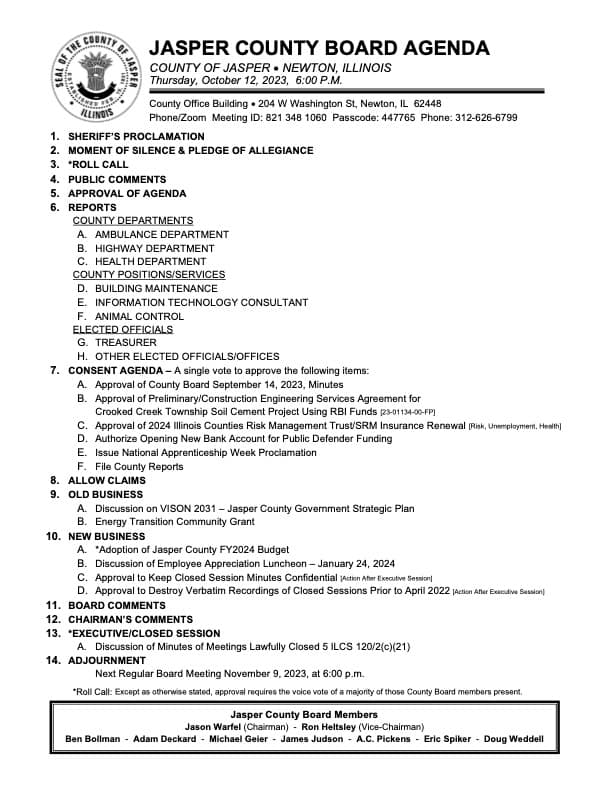 JASPER COUNTY BOARD AGENDA – Jasper County Daily News