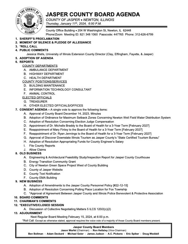 January Jasper County Board Agenda – Jasper County Daily News