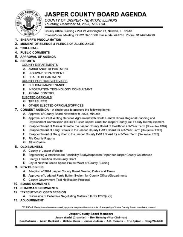 Jasper County Board Agenda for December – Jasper County Daily News