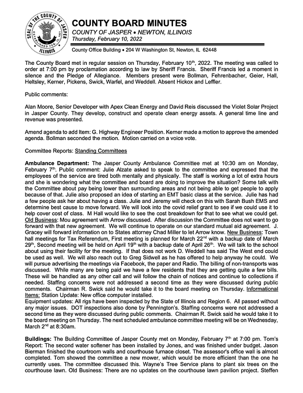 Jasper County Board February Unofficial Meeting Minutes – Jasper County ...