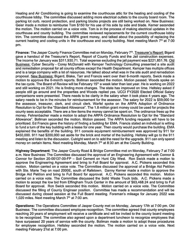 Jasper County Board February Unofficial Meeting Minutes Jasper County
