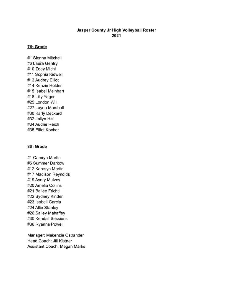 JCJH Volleyball 7th and 8th Grade Rosters Jasper County Daily News