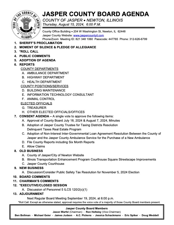 Jasper County Board Agenda for August – Jasper County Daily News