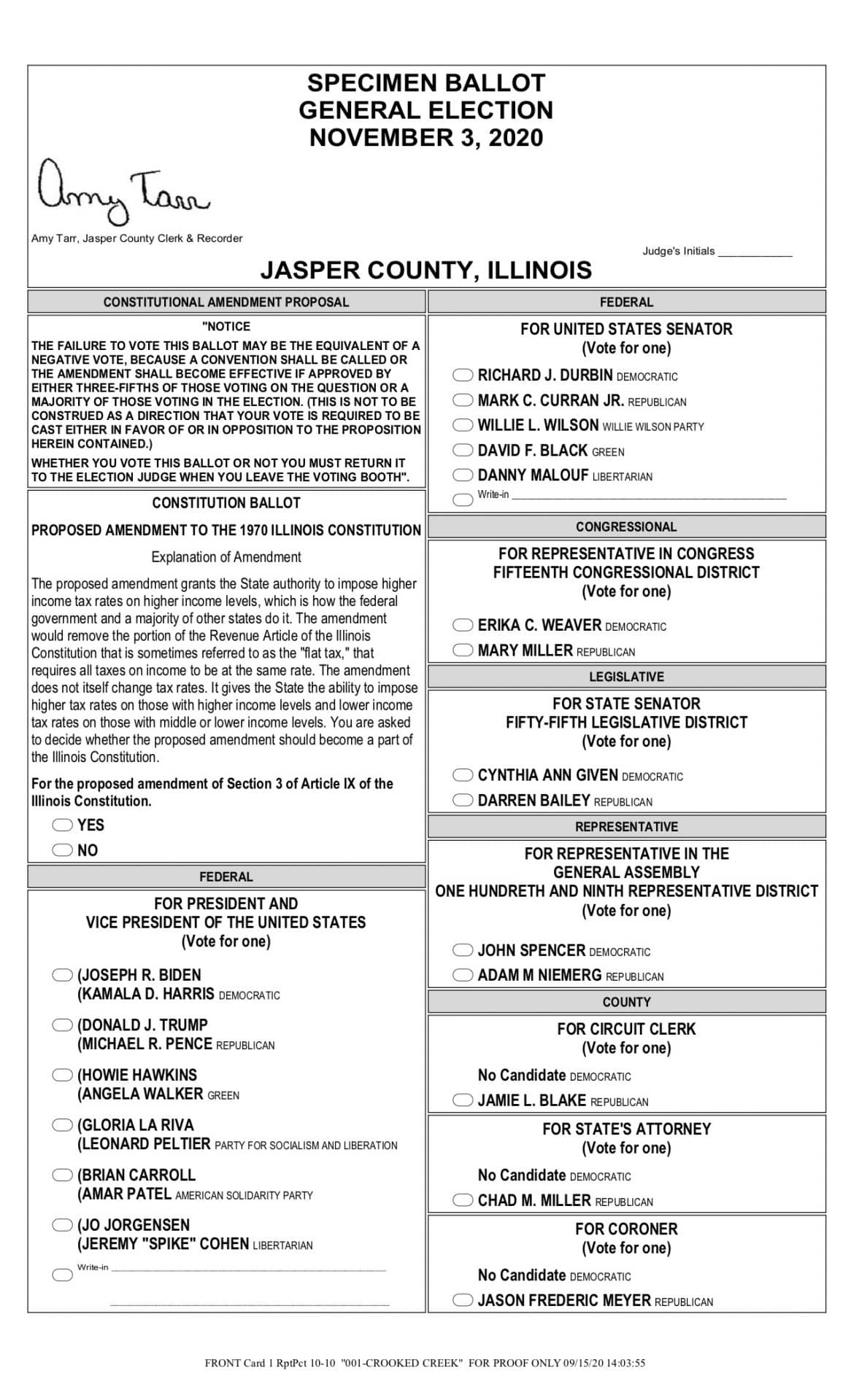 The Jasper County General Election Specimen Ballot Jasper County