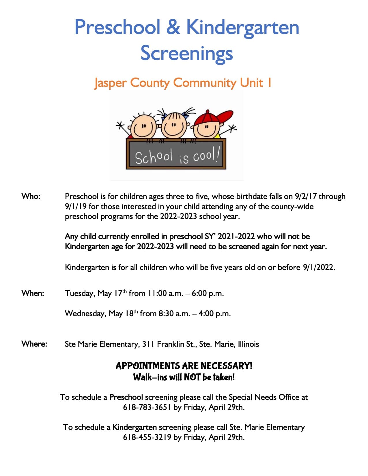 Pre-K and Kindergarten Screenings – Jasper County Daily News