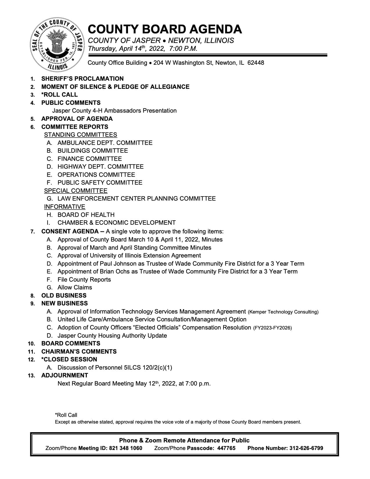 April County Board Meeting Agenda – Jasper County Daily News