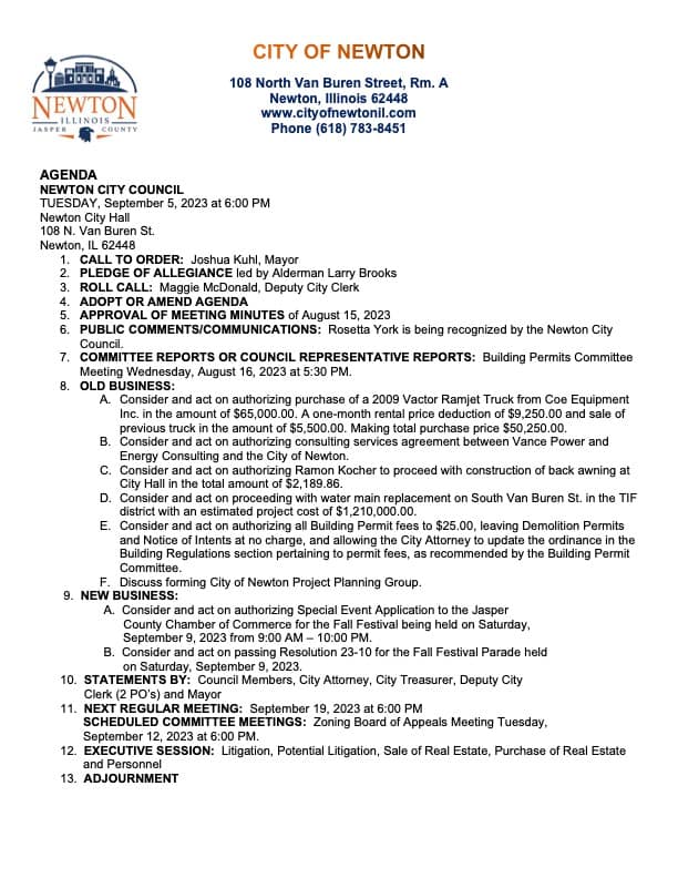 City Council Agenda for September 5 Jasper County Daily News