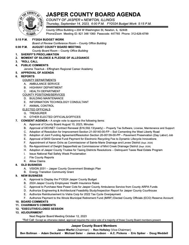 Jasper County Board Agenda For September Jasper County Daily News